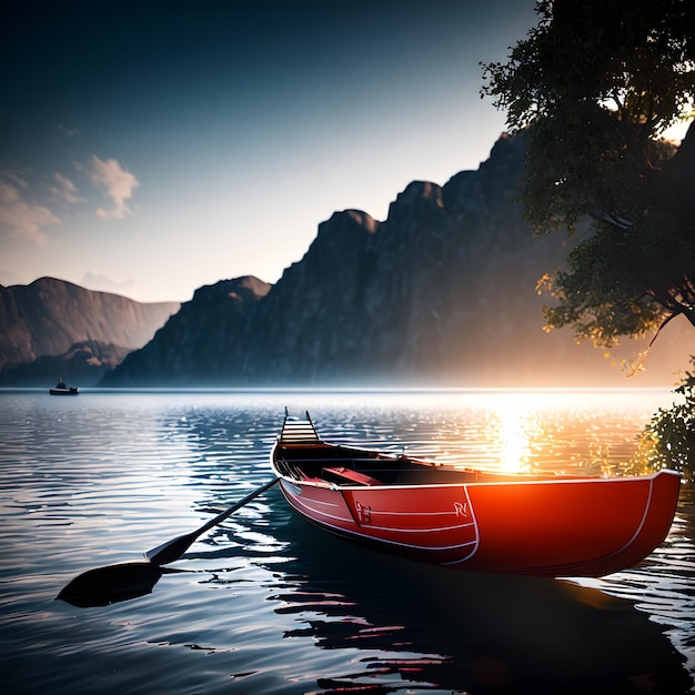 A red canoe is in the water with a mountain in the background.