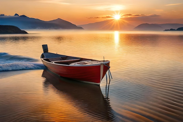 夕日を背景に湖に浮かぶ赤いカヌー