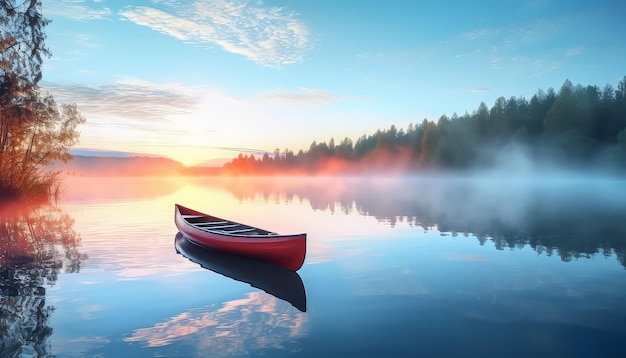 A red canoe sits in a lake at sunset