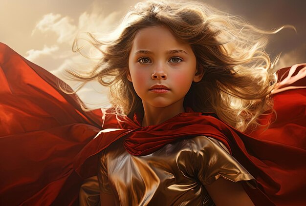 Photo red cape for child superhero in a big sky area in the style of romantic soft focus and ethereal