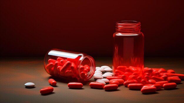 Photo red capsules in the glass bottle on black table