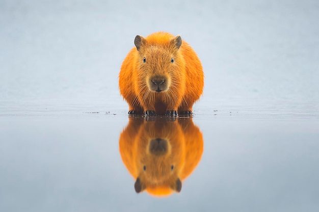 A red capybara stands in front of a lake with its head turned to the right.