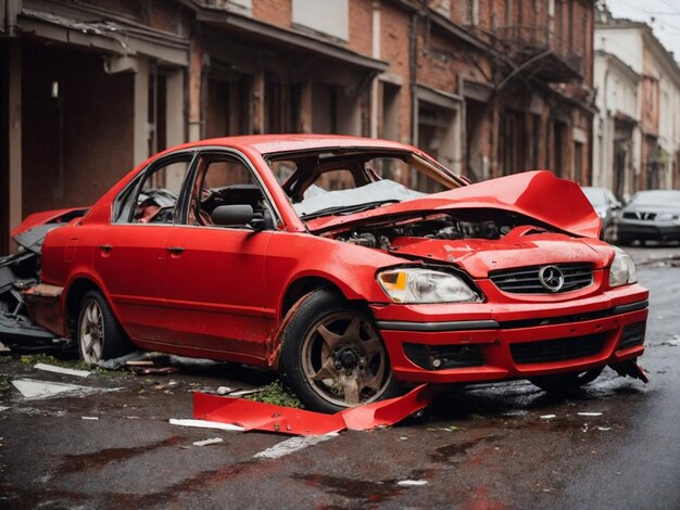 Photo red car accident on the street generative ai