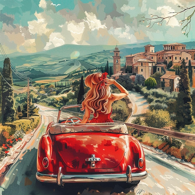 a red car and a beautiful lady driving on the road of italy