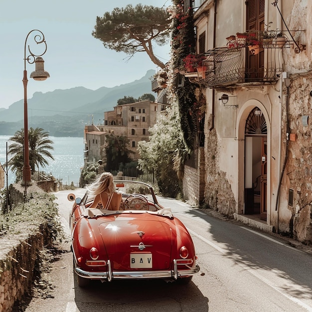 イタリアの道路で赤い車と美しい女性が運転している