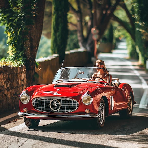 イタリアの道路で赤い車と美しい女性が運転している