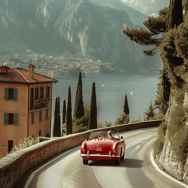 a red car and a beautiful lady driving on the road of italy