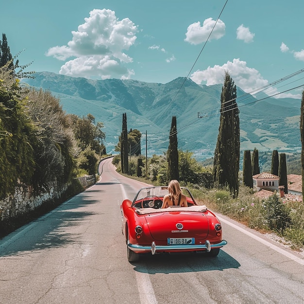 イタリアの道路で赤い車と美しい女性が運転している