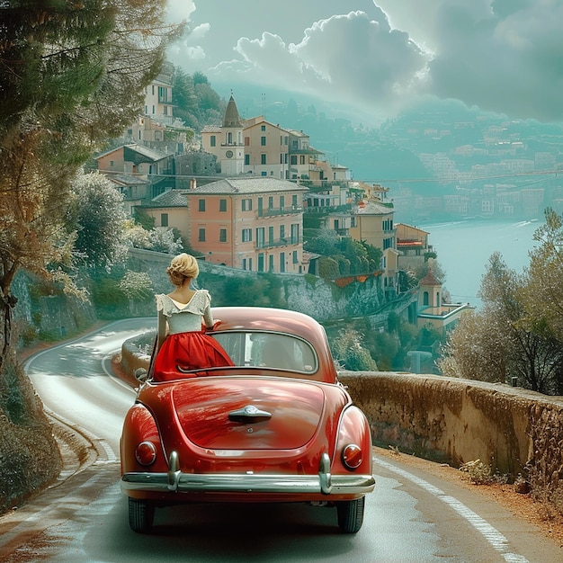 a red car and a beautiful lady driving on the road of italy