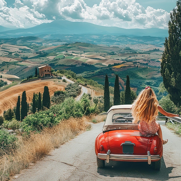 a red car and a beautiful lady driving on the road of italy