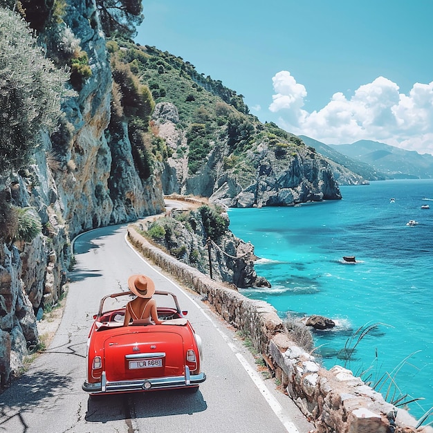 イタリアの道路で赤い車と美しい女性が運転している