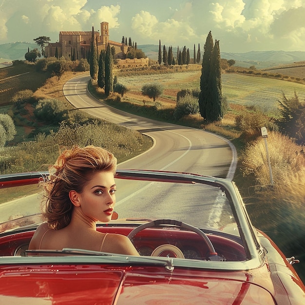 a red car and a beautiful lady driving on the road of italy