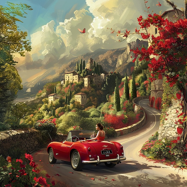 a red car and a beautiful lady driving on the road of italy