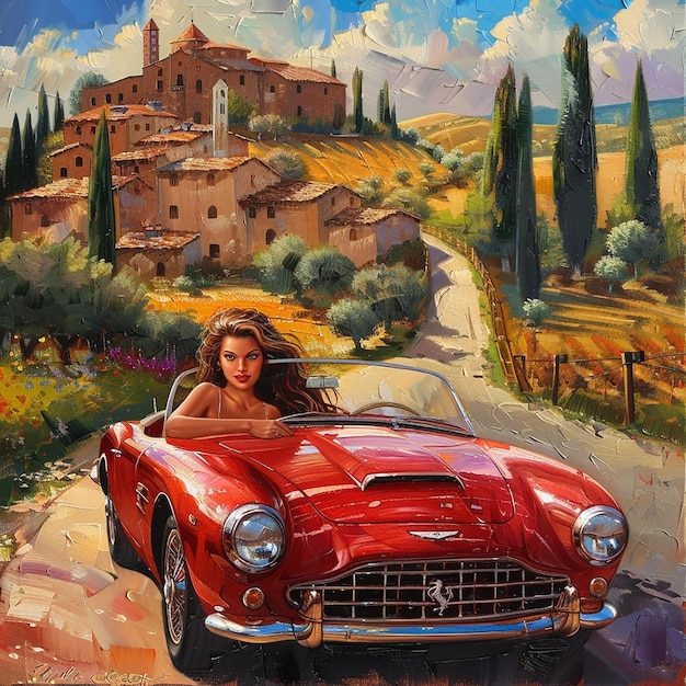 a red car and a beautiful lady driving on the road of italy