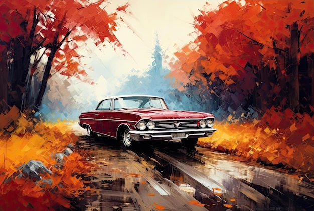 秋には赤い車が鮮やかな色彩風景のスタイルで道路を流れます