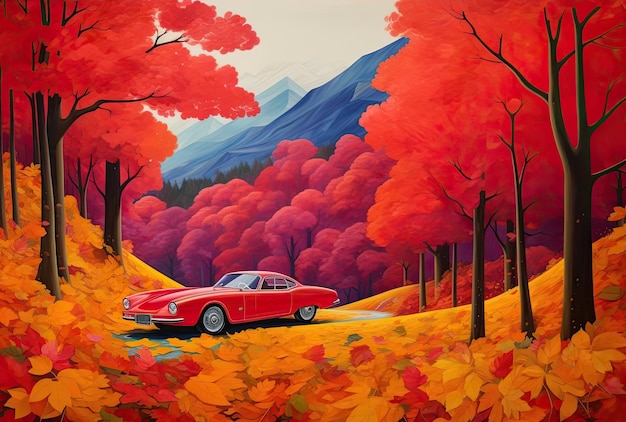 a red car drives down a hill in an autumn forest of trees in the style of bold and vibrant