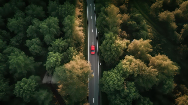 A red car drives on a road through a forest.