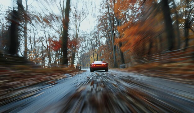 Red car driving through treelined road