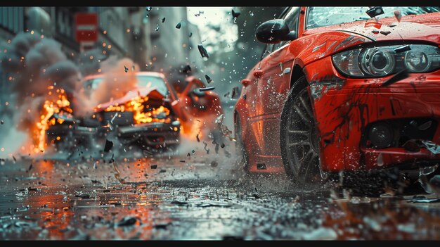 Фото Красная машина, охваченная пламенем на улице