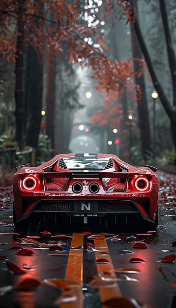 the red car in the forest