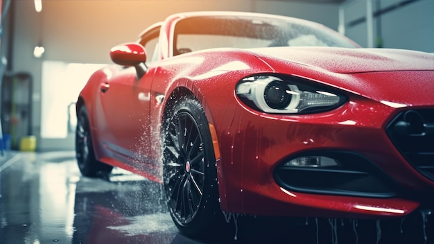 Red car in a garage with water splashing on the hood