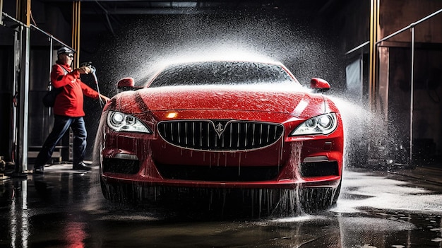 A red car is being washed in a garage with a man washing it.