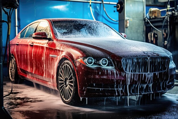 A red car is completely covered in a thick layer of ice and water modeling the difficulties of a harsh winter season Washing car using highpressure water AI Generated