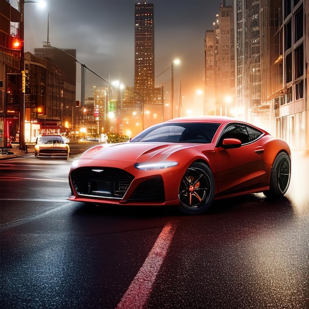 A red car is driving on a city street at night.