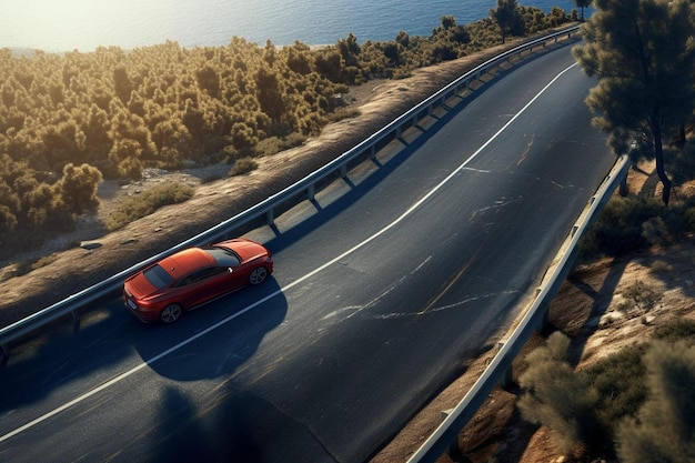 Foto un'auto rossa sta guidando lungo una strada con un'automobile rossa sul lato