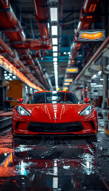 Photo a red car is driving down a wet floor