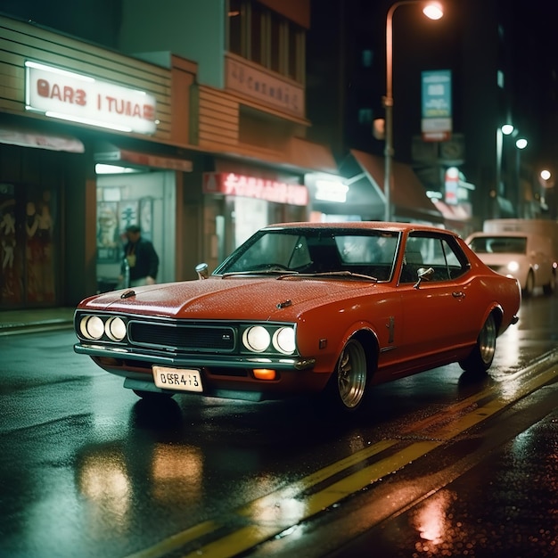 A red car is driving down a wet street at night.