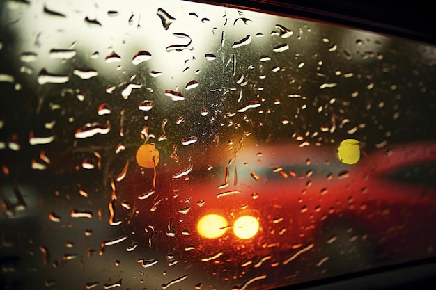 Photo a red car is driving through a rain covered windshield