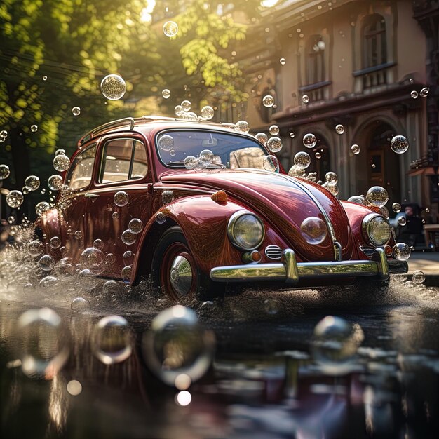 a red car is driving through the water with bubbles in the air