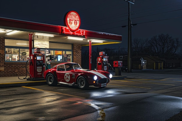 Photo a red car is parked in front of a gas station with a fuel pump visible in the background a sports car filling at a vintage gas station ai generated