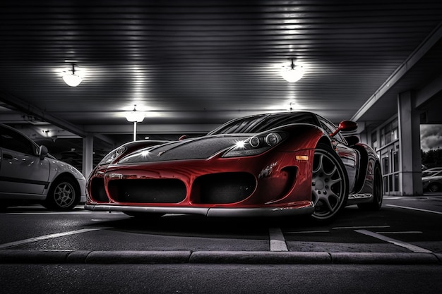 A red car is parked in a garage with a black bumper.