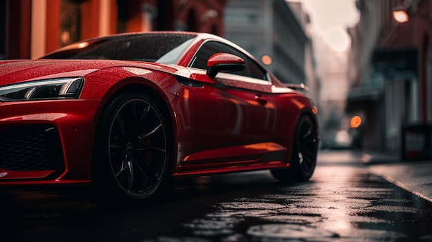 Photo a red car is parked on a wet street in the evening.