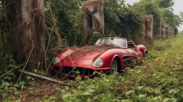Красная машина застряла в лесу и находится в лесу.