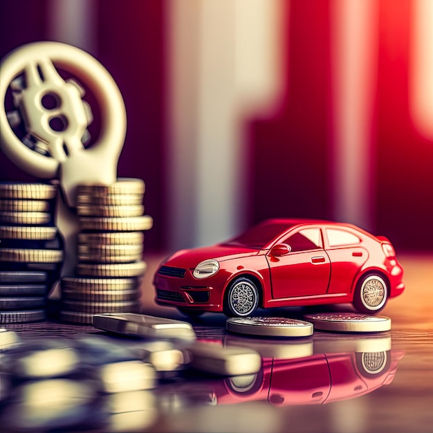 A red car is on a table with coins and a silver ring.