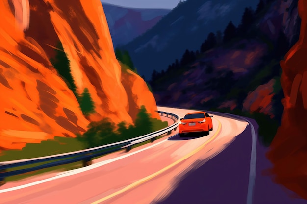 A red car on a mountain road