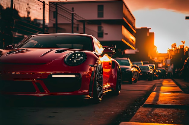 写真 夕日を背景に駐車した赤い車