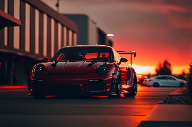 Photo red car parked with a sunset in the background