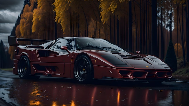 Photo a red car in the rain with the word ferrari on the front.