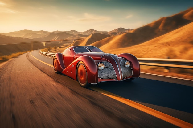 砂漠の道を走る赤い車