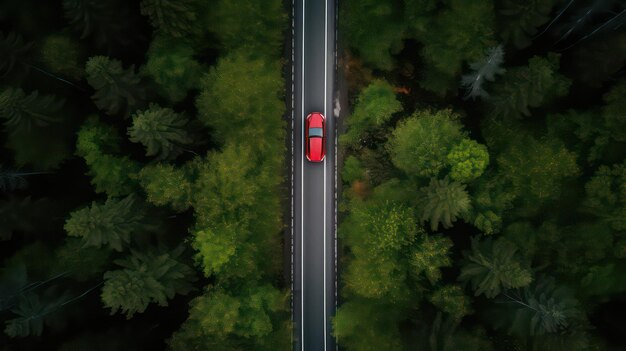 A red car on a road in a forest