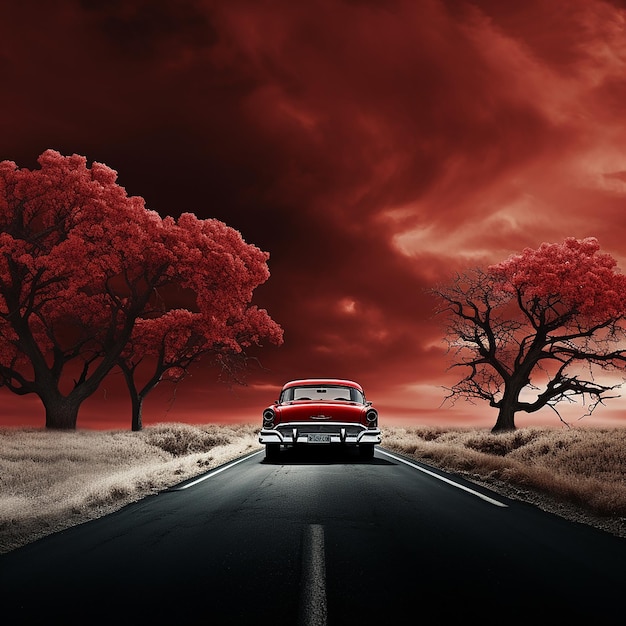 Photo red car on the road wallpaper by ai