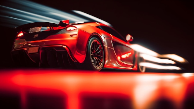 Red car on a road with lights on