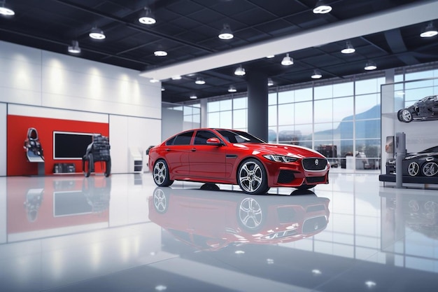 Photo a red car in a showroom with a reflection of a mountain in the background.