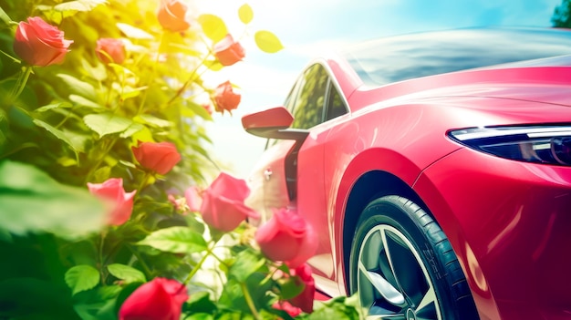 Red car on sunset summer green street background with red roses Elegance lady car outdoor