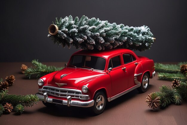 Foto carro giocattolo rosso con un albero di natale in cima