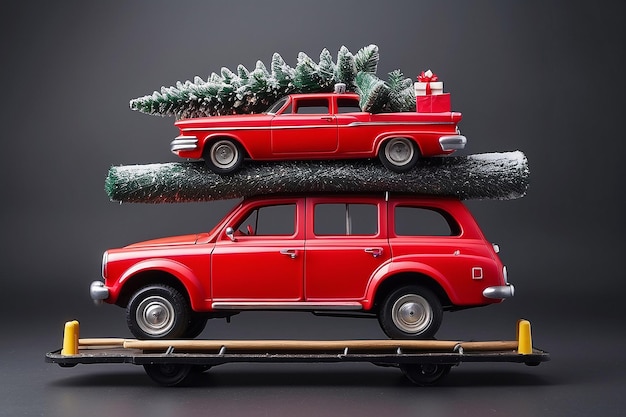 クリスマスツリーを頂いた赤いおもちゃ車